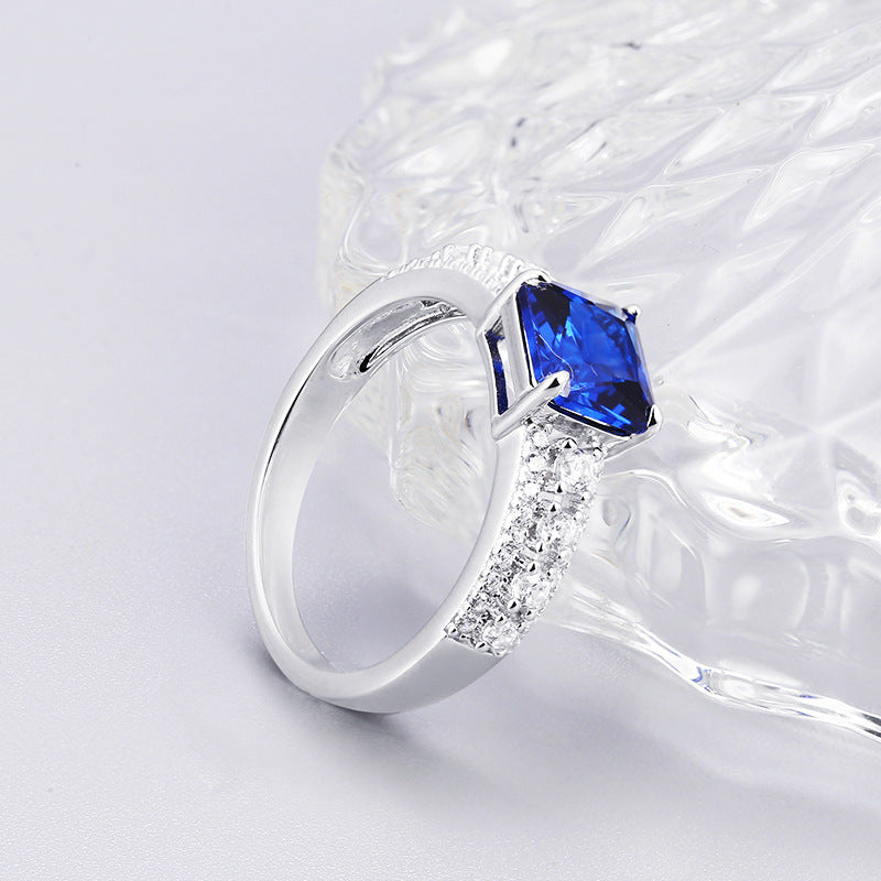 7*7mm Square Blue Crystal with Round Zircon Cathedral Silver Ring for Women