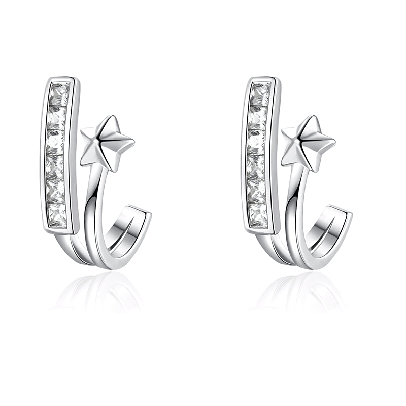 Curved Hook Five-pointed Star with Zircon Bar Silver Studs Earrings for Women