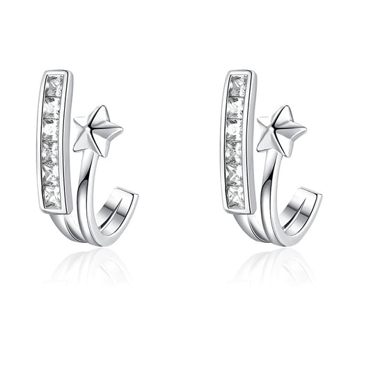 Curved Hook Five-pointed Star with Zircon Bar Silver Studs Earrings for Women