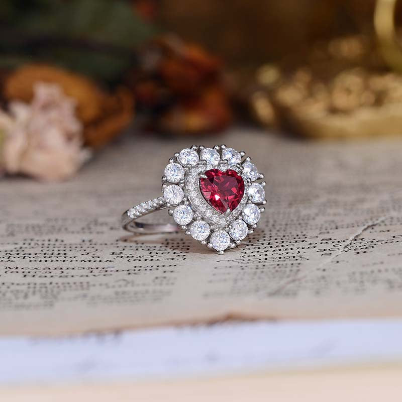 Lab-Created Ruby 7*7mm Heart Shape Soleste Halo Silver Ring for Women