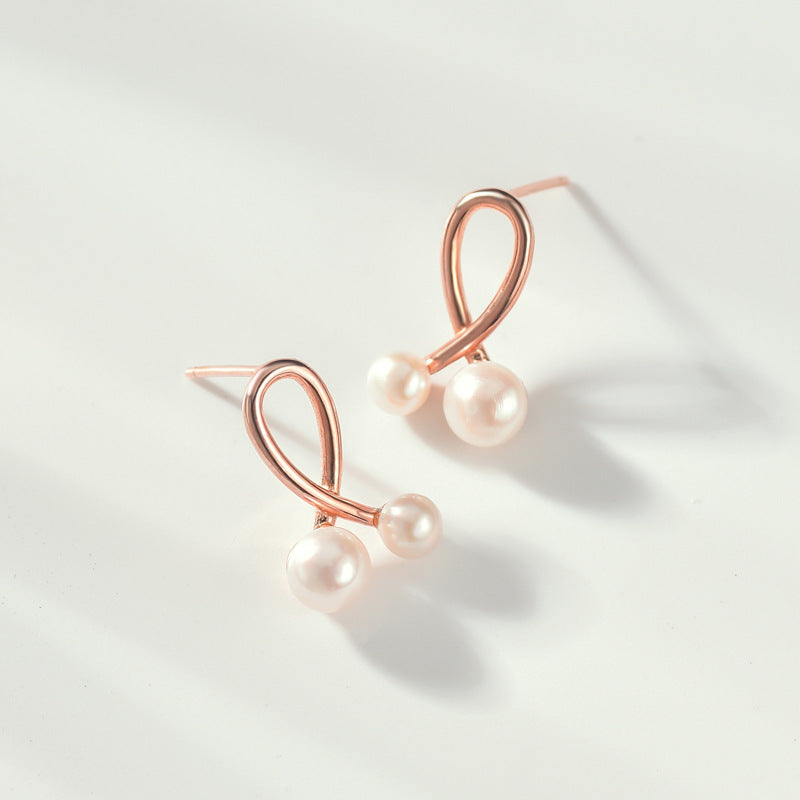 Rose Gold Colour Cross-line with Freshwater Pearl Silver Stud Earrings for Women