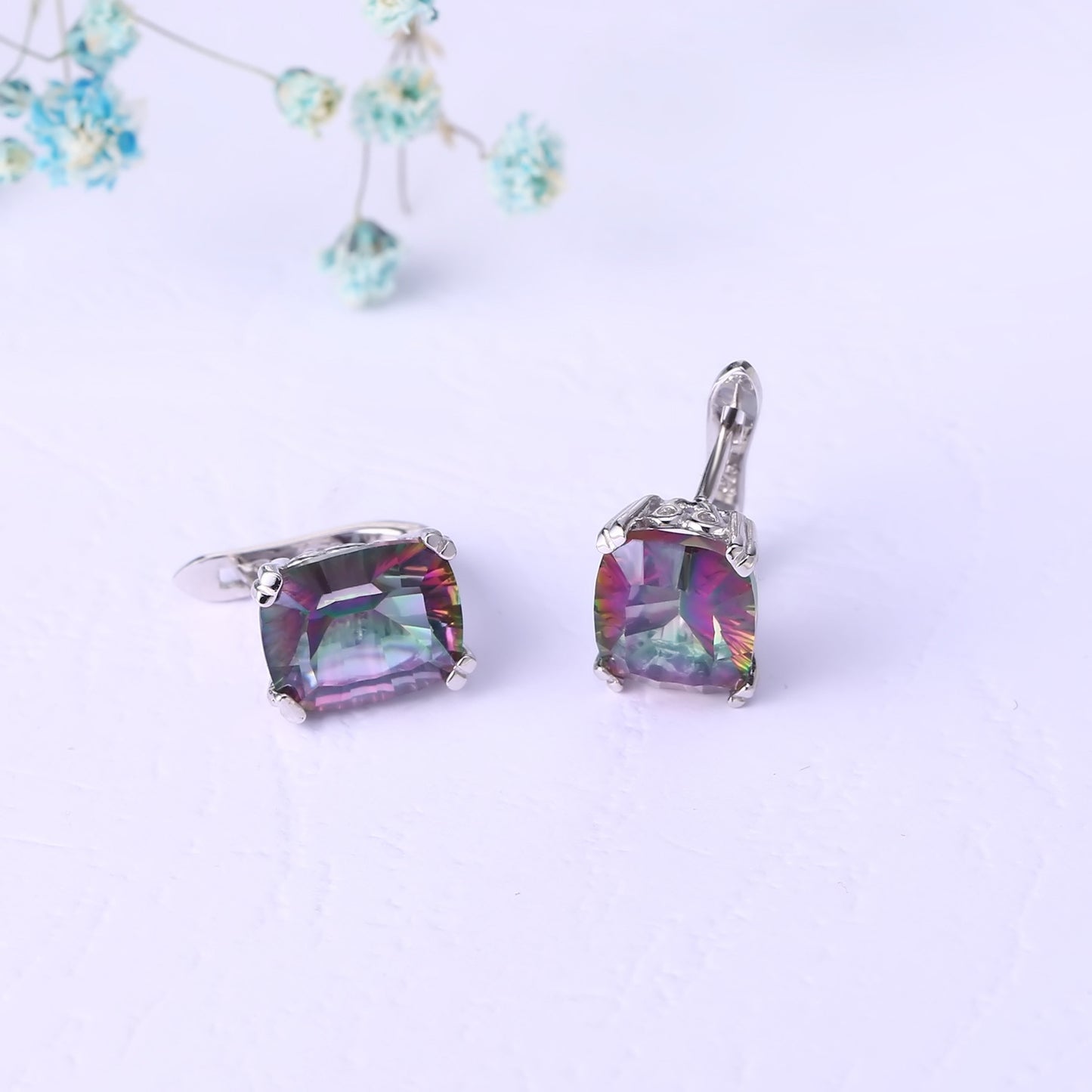 Colourful Crystal Square Sterling Silver Studs Earrings for Women