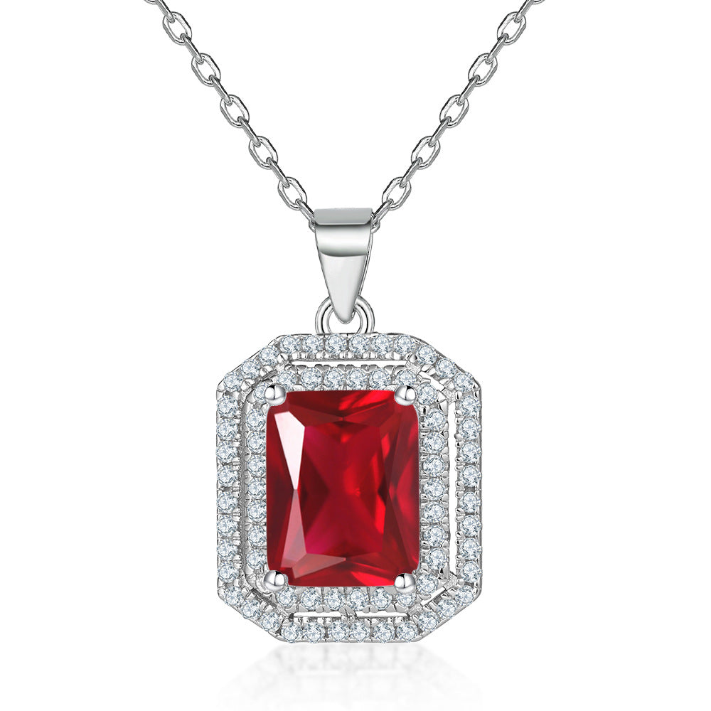 Rectangular Zircon Soleste Halo Pendant Silver Necklace for Women