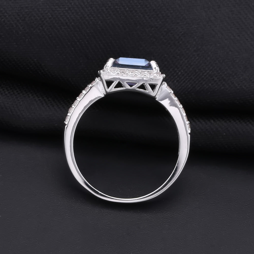 Fashion Style Inlaid Crystal Soletes Halo Square Silver Ring for Women