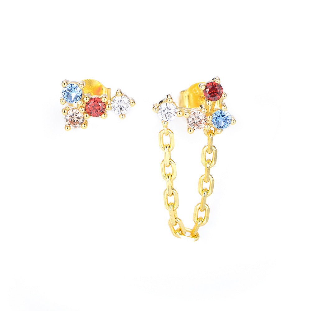 Asymmetric Colourful Zircon Chain Silver Studs Earrings for Women