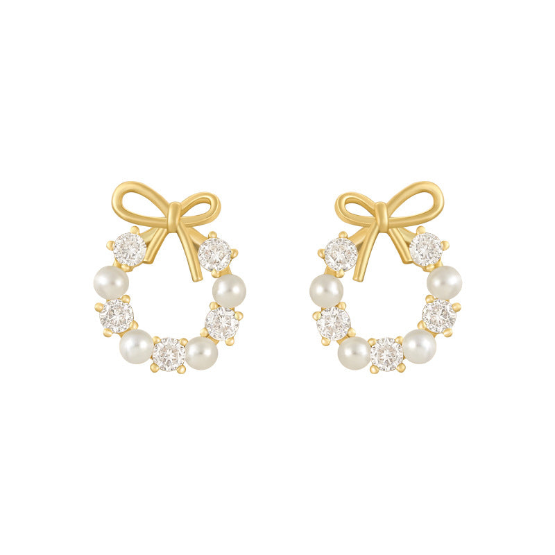 Bow Pearl Garland Silver Studs Earrings for Women