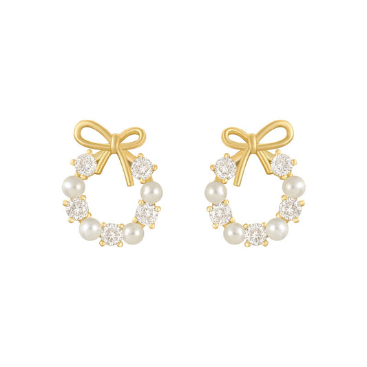 Bow Pearl Garland Silver Studs Earrings for Women