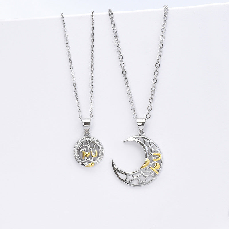 Hollow Moon and Hollow Circle with Zircon and Star Silver Couple Necklace for Women