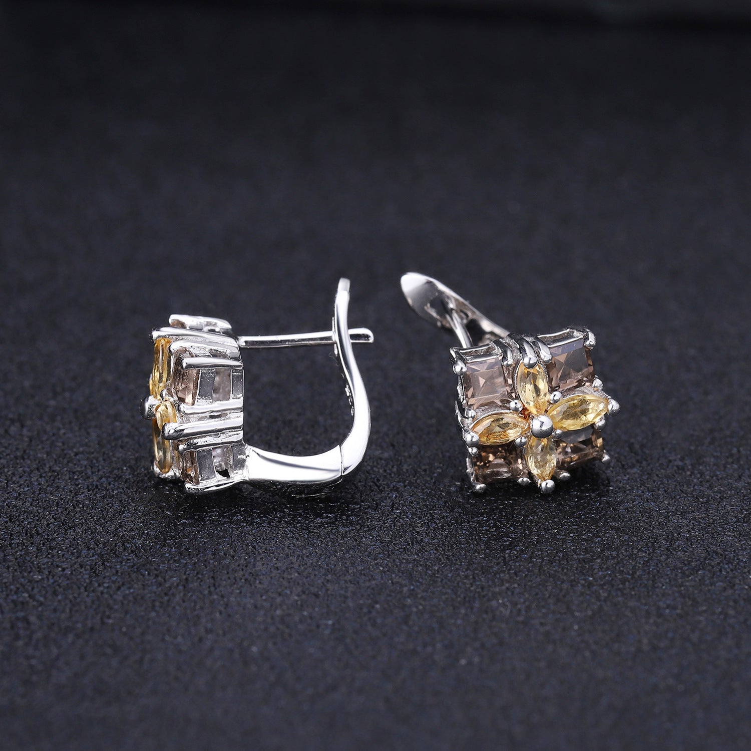 European Inlaid Natural Crystal Square with Clover Silver Studs Earrings for Women