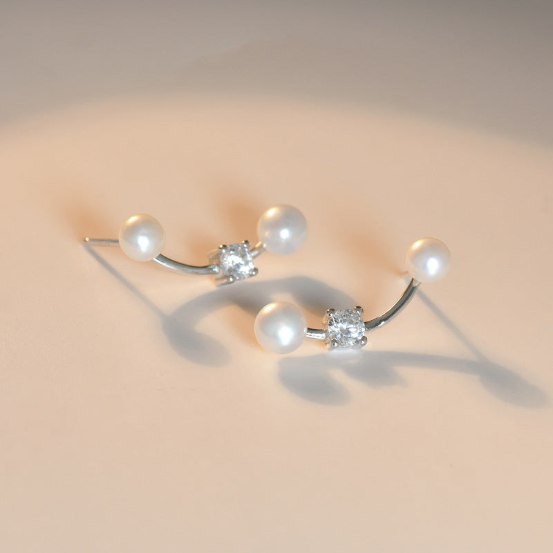 Freshwater Pearl with Round Zircon Silver Stud Earrings for Women