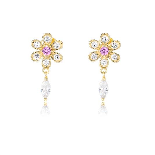 Zircon Flower Tassel Silver Drop Earrings for Women