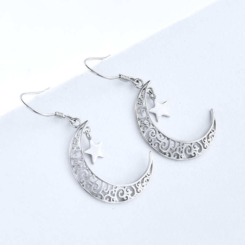 Totem Pattern Moon with Star Pendant Silver Hook Earrings for Women