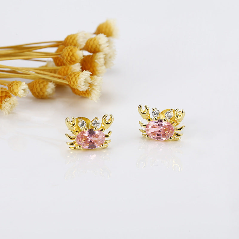 Pink Zircon Small Crab Silver Studs Earrings for Women