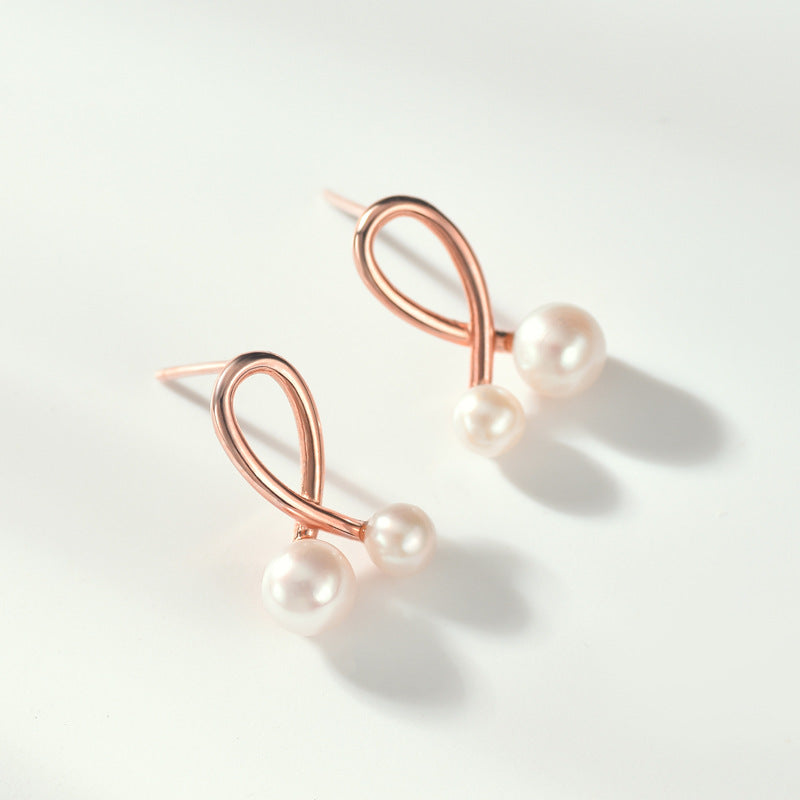 Rose Gold Colour Cross-line with Freshwater Pearl Silver Stud Earrings for Women