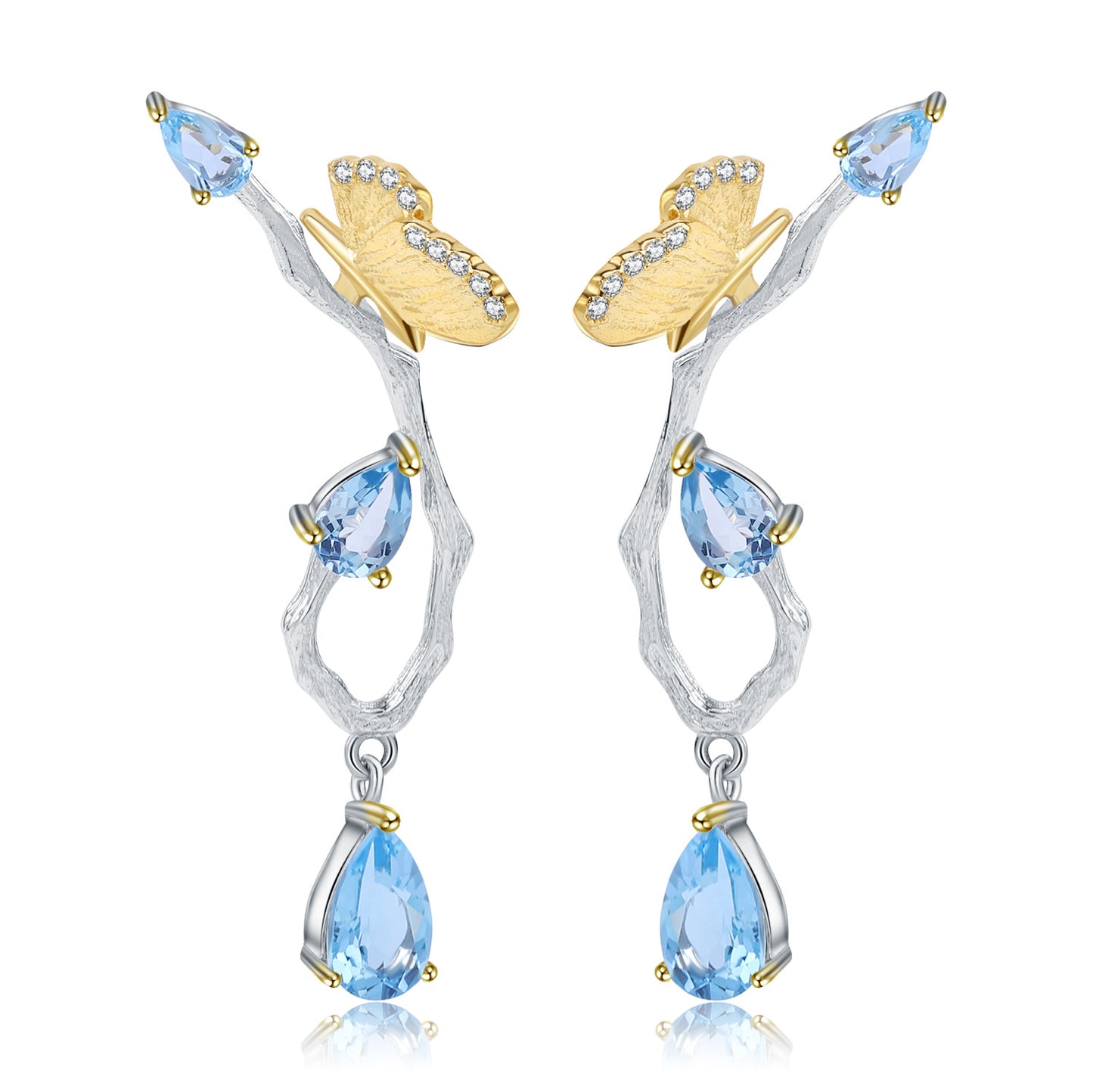 Natural Topaz Butterfly In Garden Design Sterling Silver Drop Earrings for Women