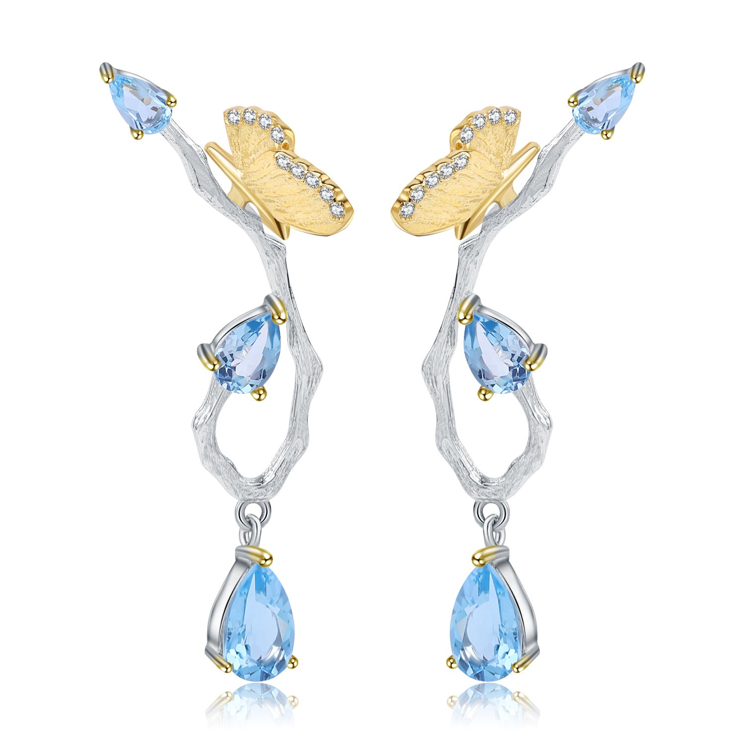 Natural Topaz Butterfly In Garden Design Sterling Silver Drop Earrings for Women