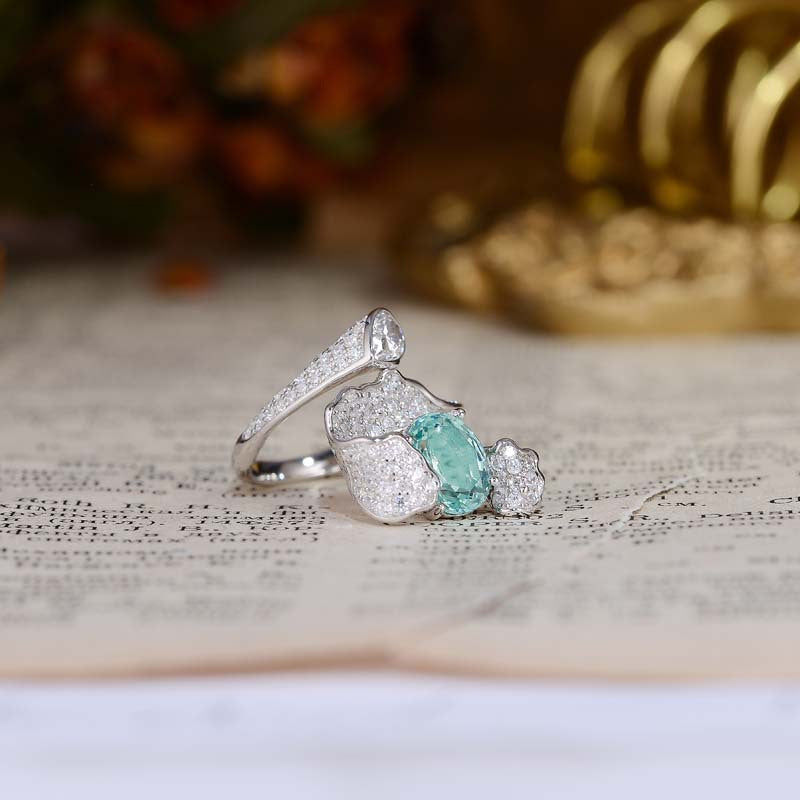 Cyan Zircon 7*9mm Oval Ice Cut Waves Luxurious Silver Ring for Women