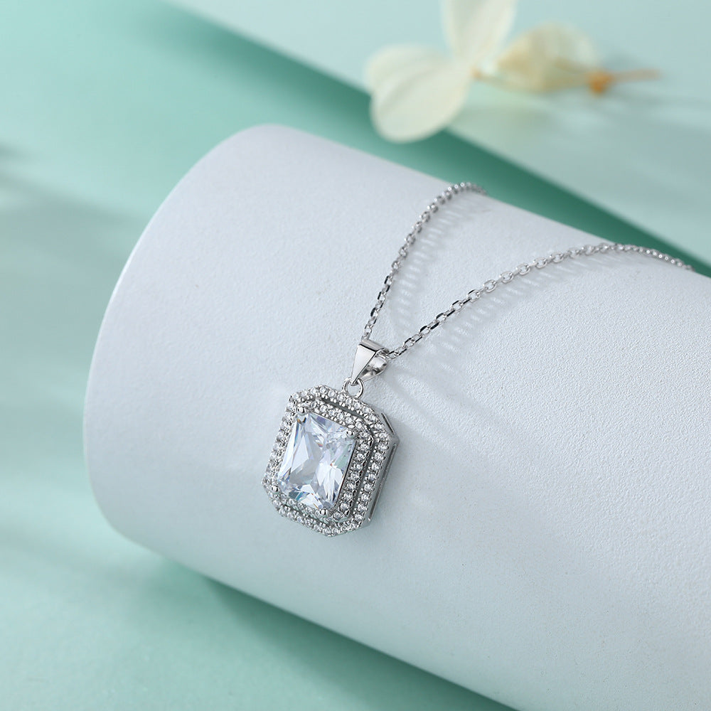 Rectangular Zircon Soleste Halo Pendant Silver Necklace for Women