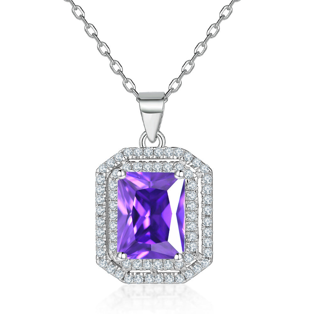 Rectangular Zircon Soleste Halo Pendant Silver Necklace for Women