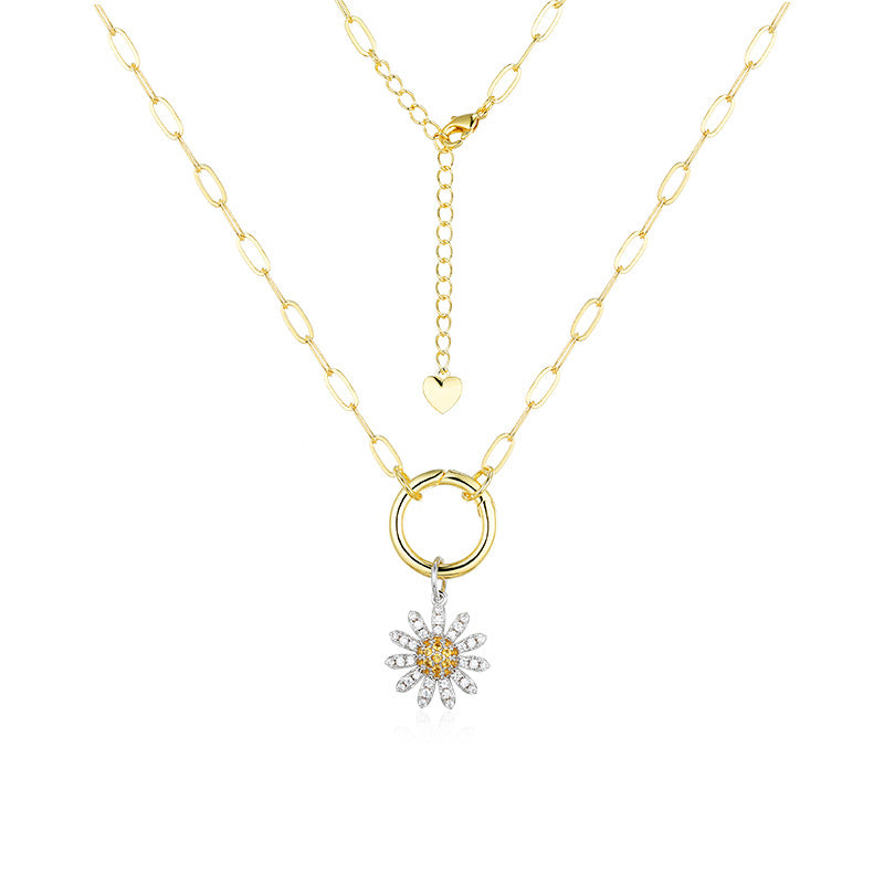 Zircon Daisy Flower with Circle Pendant Silver Necklace for Women