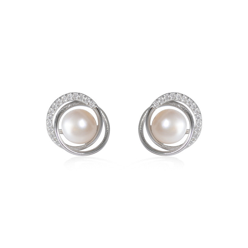 Freshwater Pearl Circling with zircon silver stud earrings for women