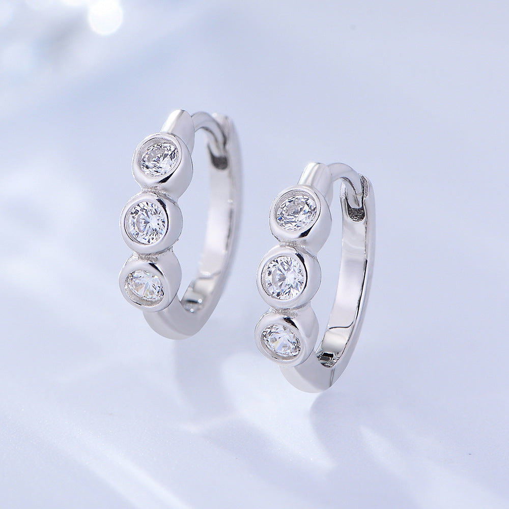 Three Zircon Silver Hoop Earrings for Women