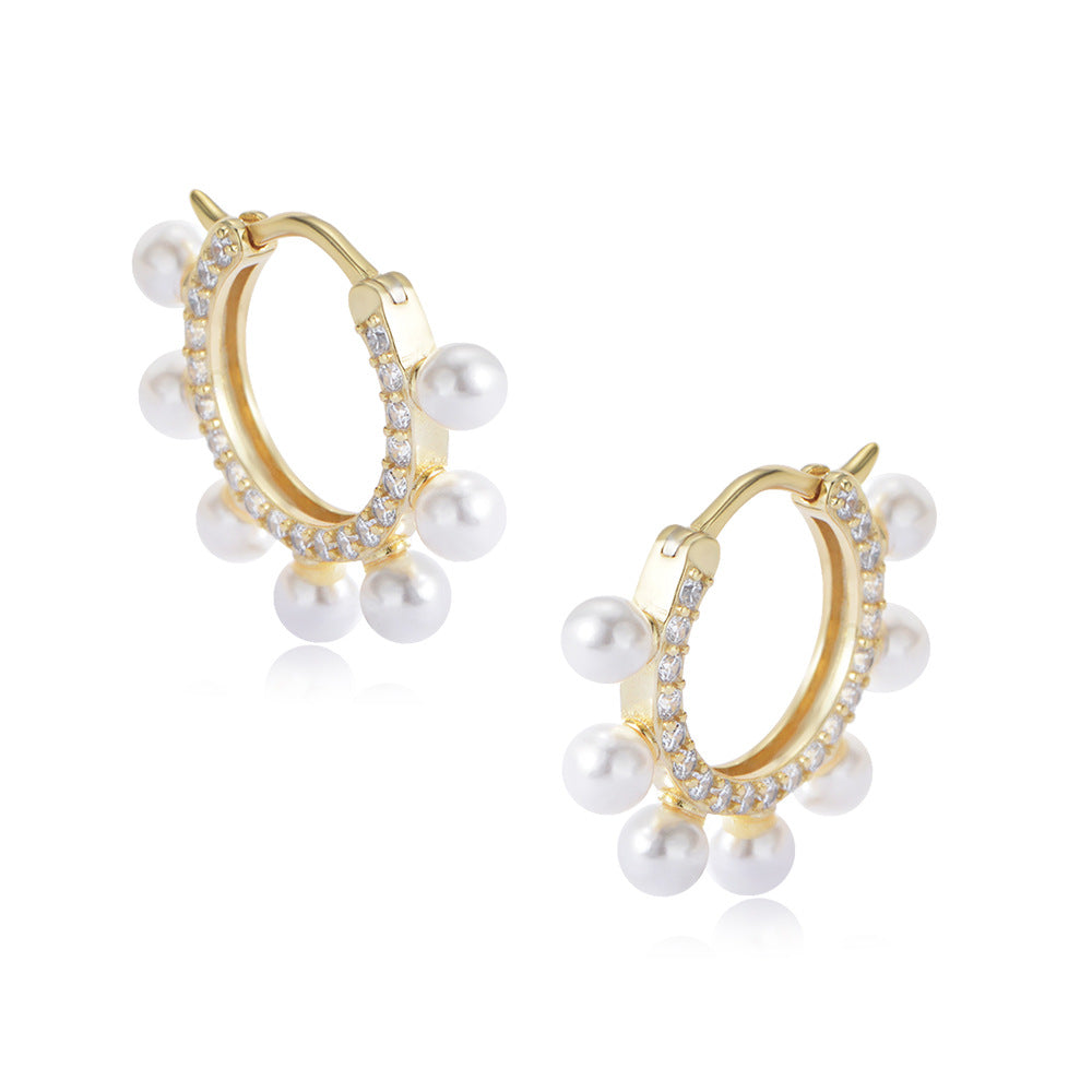 Pearl with Zircon Personality Circle Silver Studs Earrings for Women