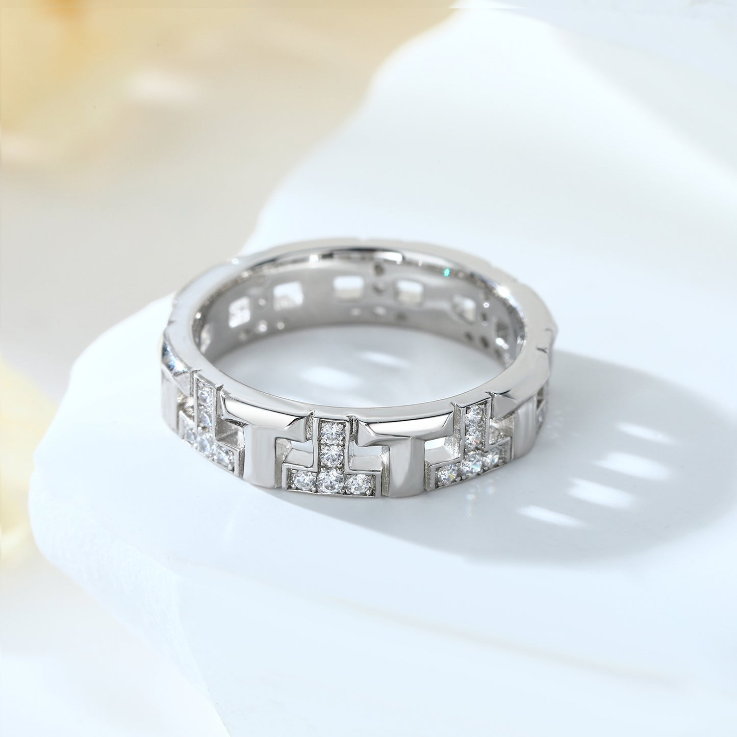 Hollow T-letter with Zircon Silver Ring for Women