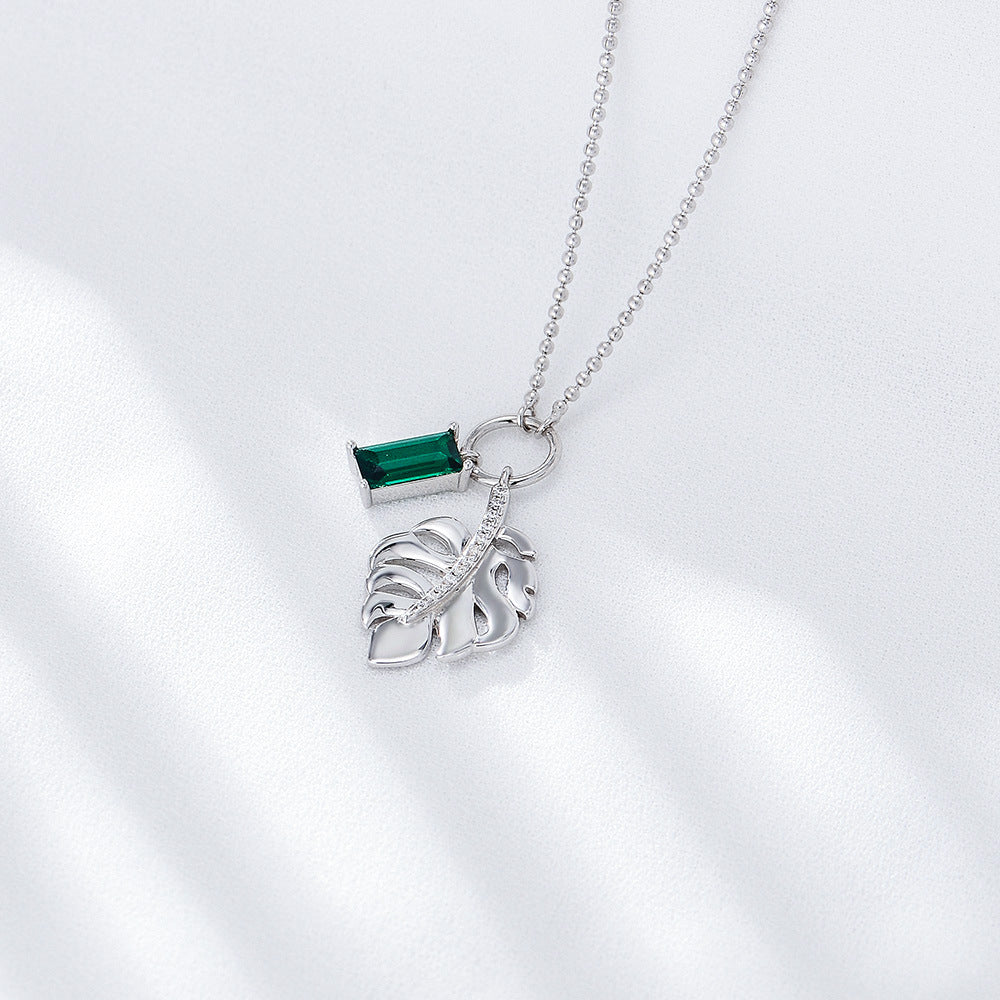 Leaf with Emerald Zircon Pendant Sterling Silver Necklace for Women