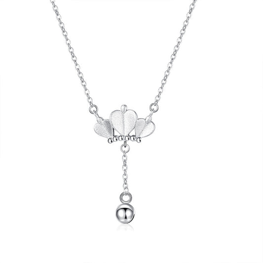 Three Heart Crown Tassel Small Bell Silver Necklace for Women