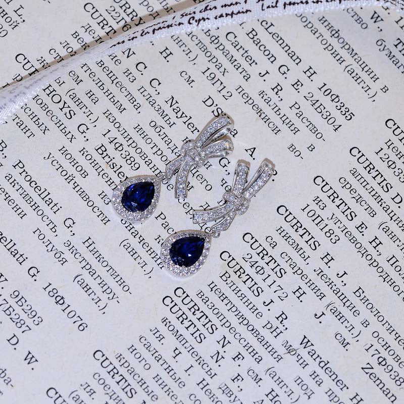 Lab Created Royal Sapphire 6*8mm - Platinum Plated - Drop Silver Earring for Women