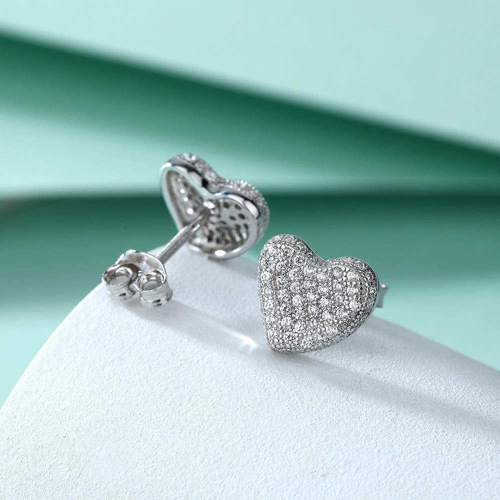 Full Zircon Heart Silver Studs Earrings for Women