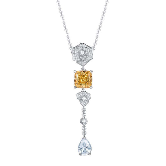 Yellow Zircon 8*8mm Cushion Ice Cut Camellia Silver Water Drop Pendants Necklace for Women
