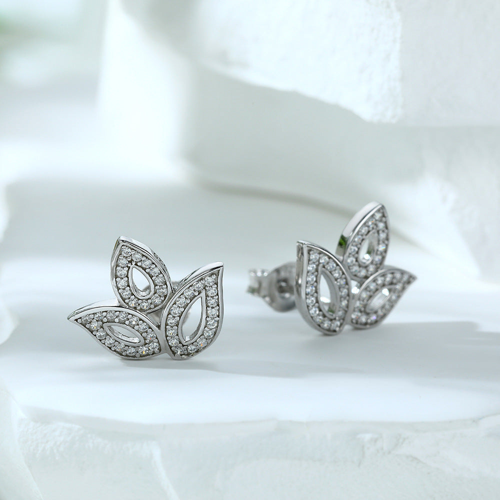 Zircon Leaf Silver Studs Earrings for Women