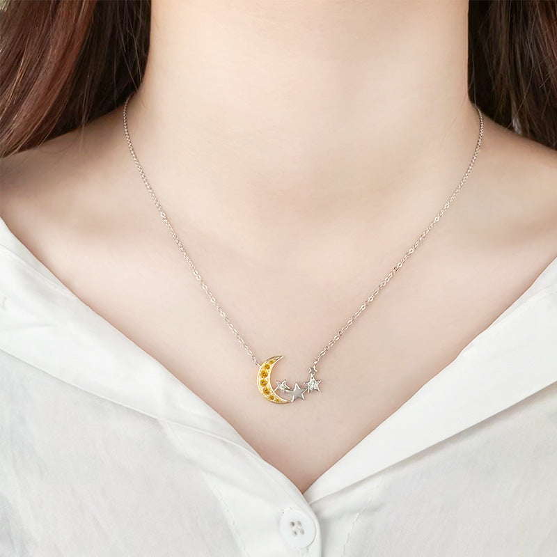 Yellow Zircon Moon with Star Silver Necklace for Women