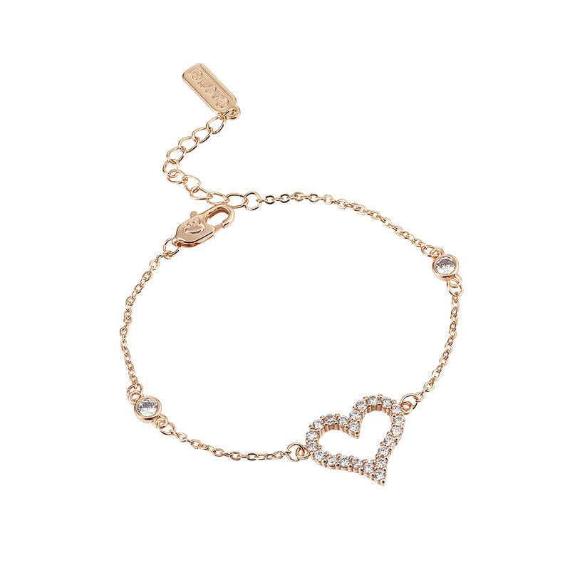 Zircon Hollow Heart Silver Bracelet for Women