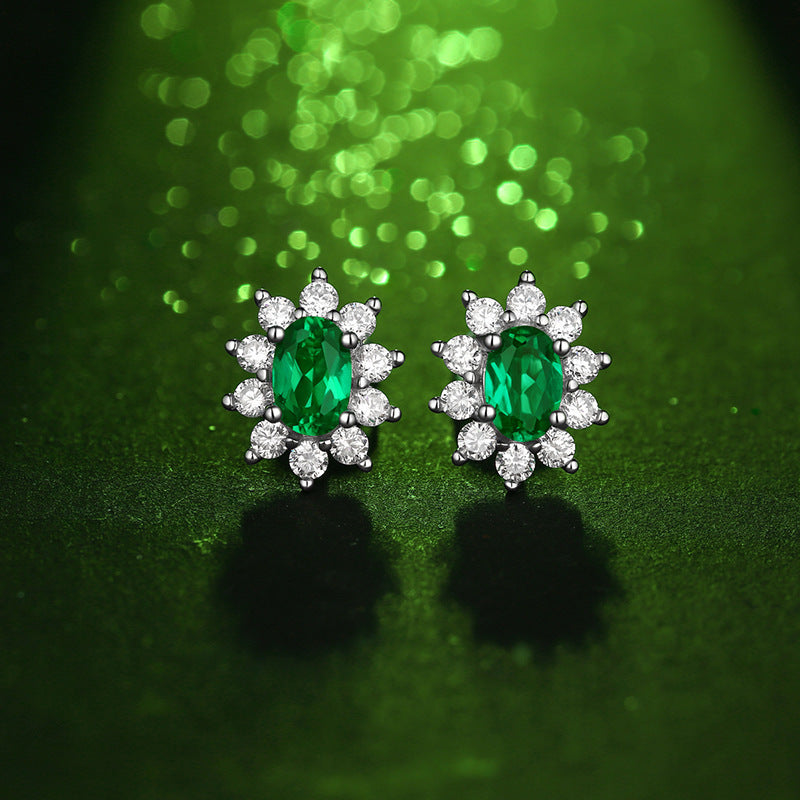 (1.0CT) Lab-Created Emerald 4*6mm Oval Ice Cut Annular Petals Silver Studs Earrings for Women