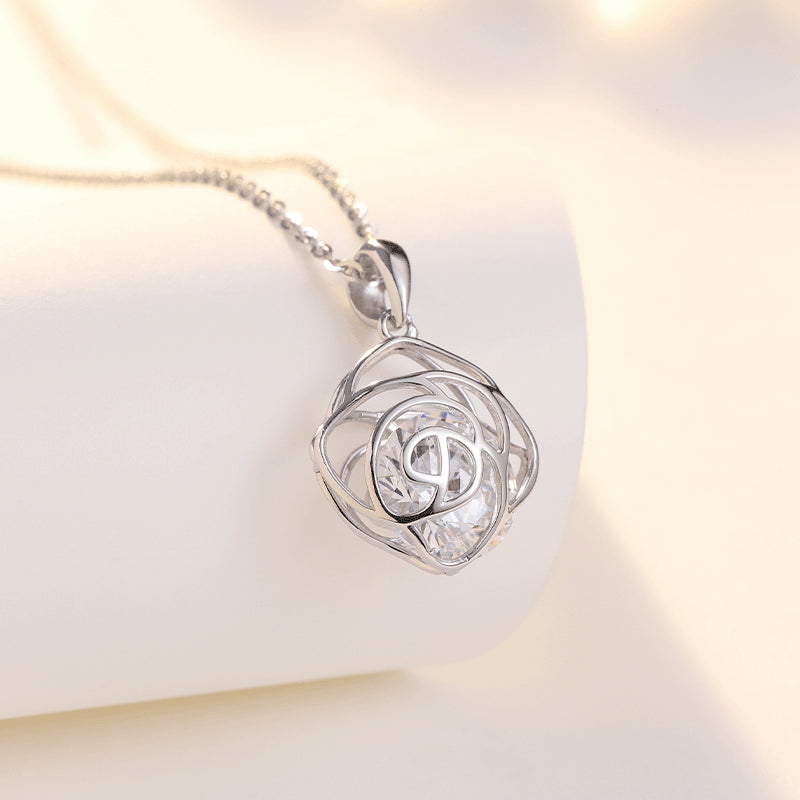 Hollow Rose with Round Zircon Pendant Silver Necklace for Women