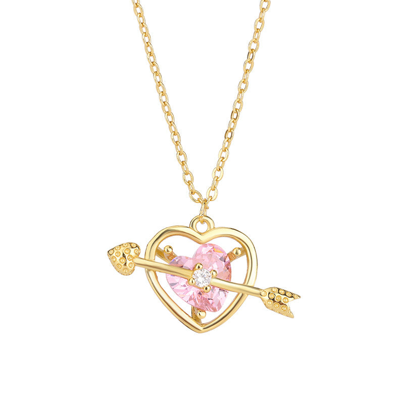 Pink  Zircon Cupid Arrow Heart Pendant Silver Necklace for Women