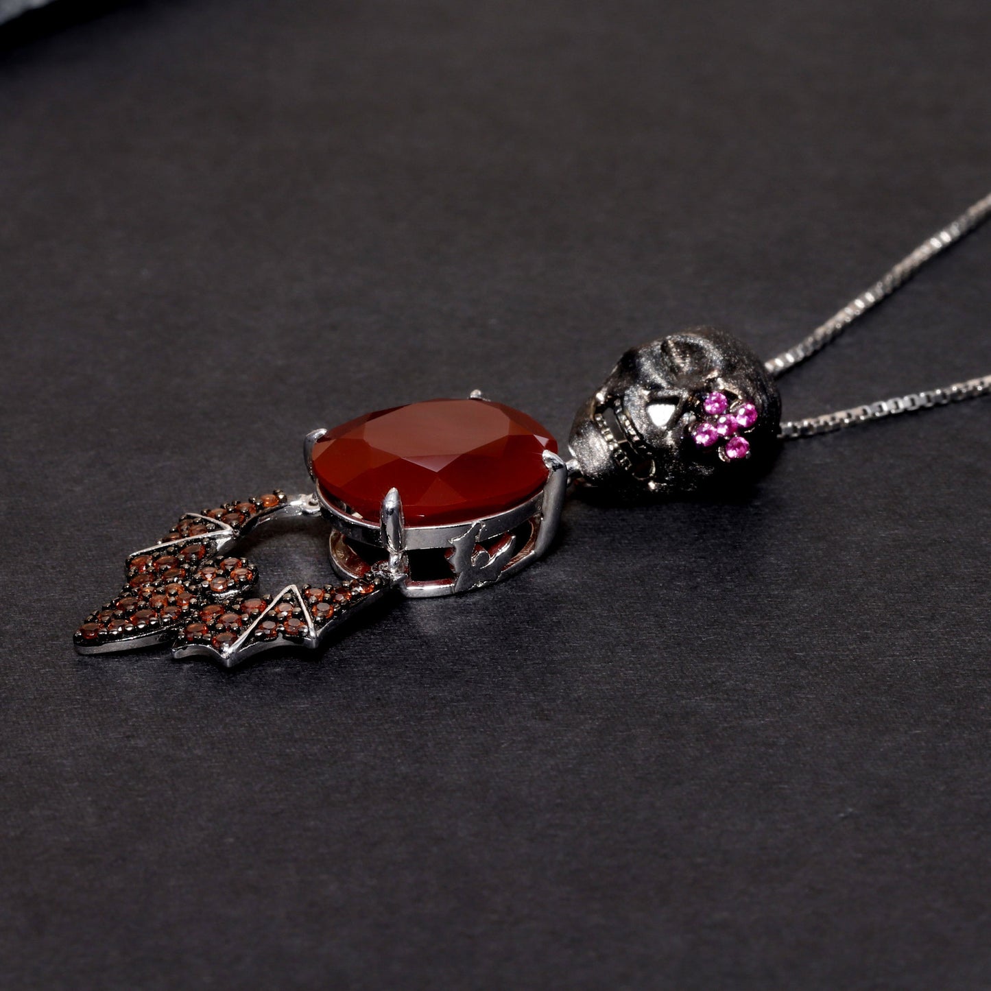 Dark Vintage Skull Bat Design with Red Agate Pendant Silver Necklace for Women