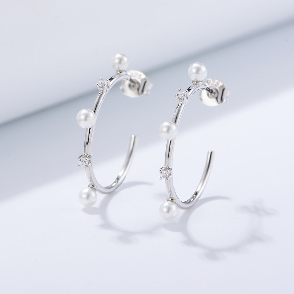 C-shaped with Pearl Zircon Silver Studs Earrings for Women