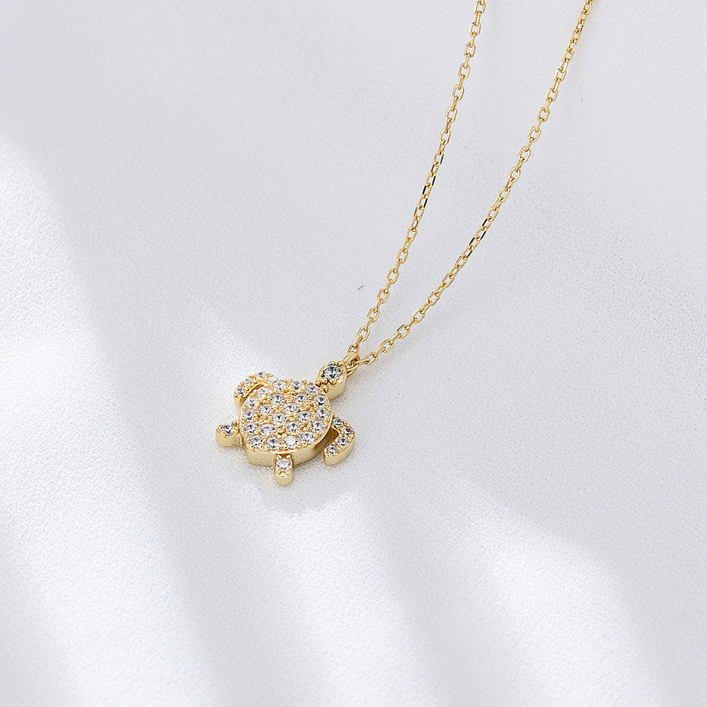 White Zircon Turtle Pendant Sterling Silver Collarbone Necklace for Women