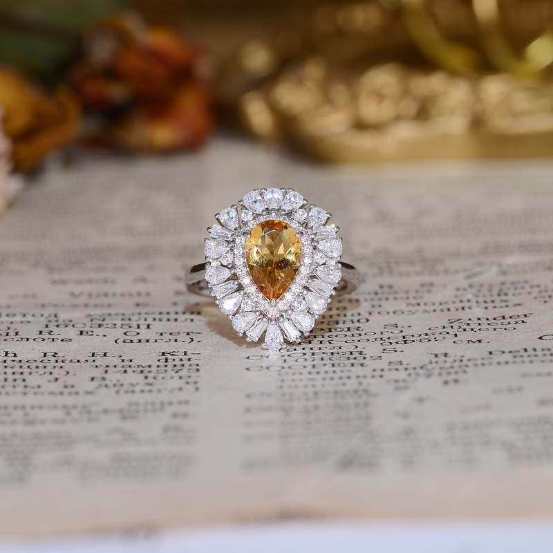 Natural Yellow Crystal 6*9mm Water Droplet Soleste Halo Silver Ring for Women