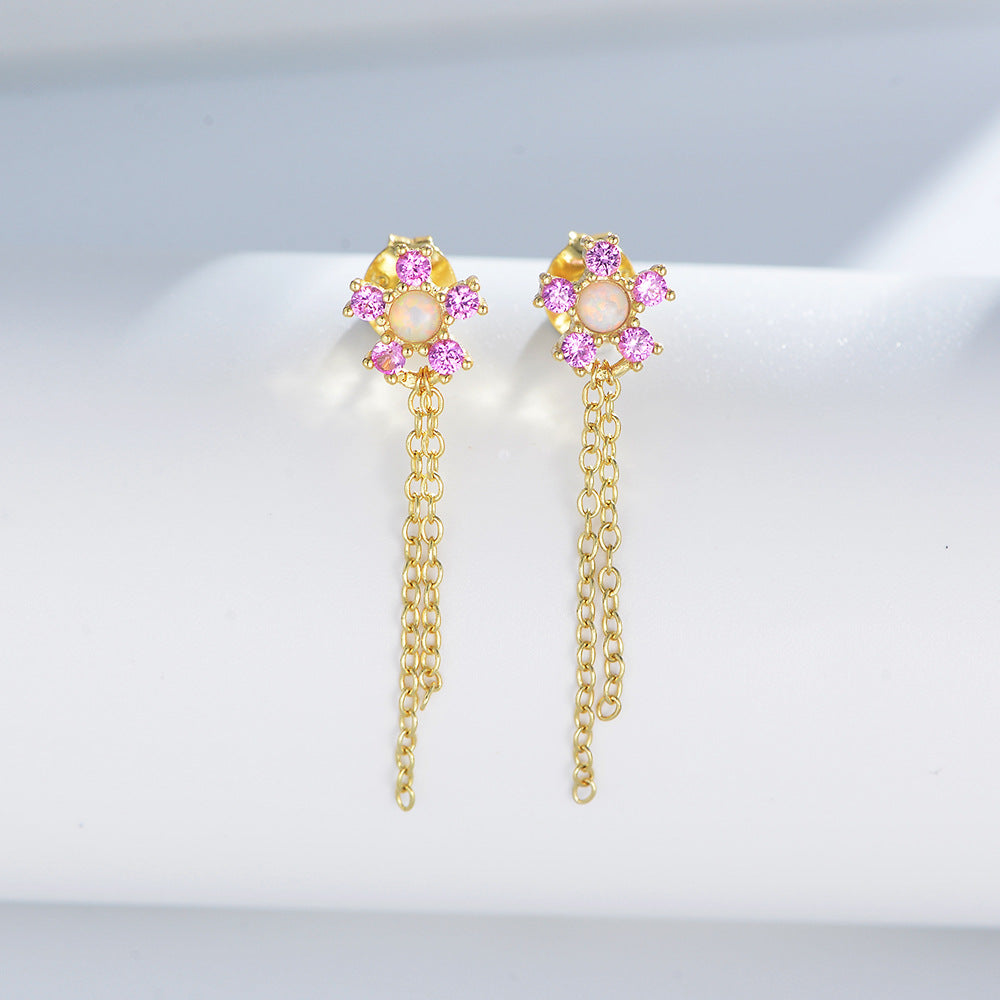 Pink Zircon Flowers Tassel Silver Drop Earrings for Women