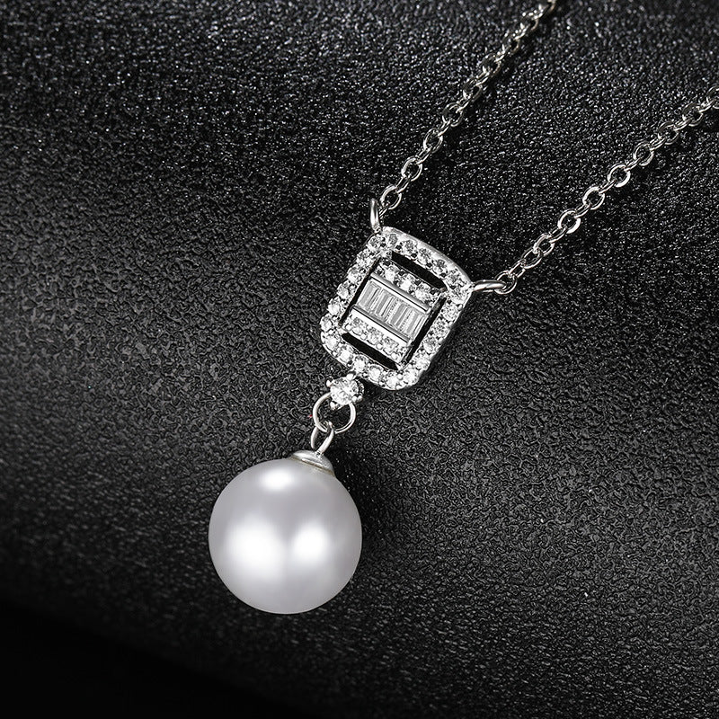 Baroque Pearl with Zircon Square Pendant Silver Necklace for Women