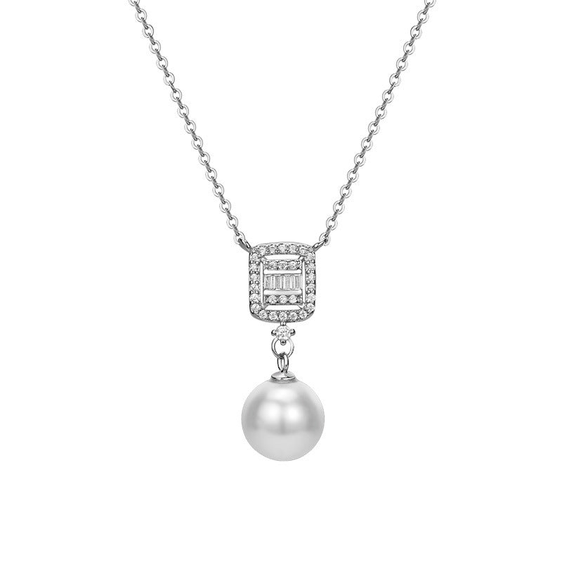 Baroque Pearl with Zircon Square Pendant Silver Necklace for Women