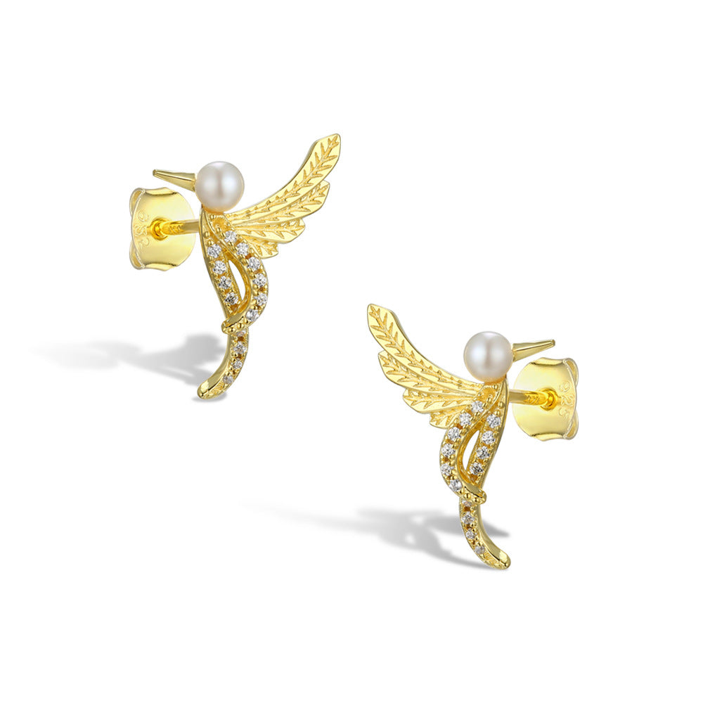 Zircon Bird with Pearl Silver Studs Earrings for Women