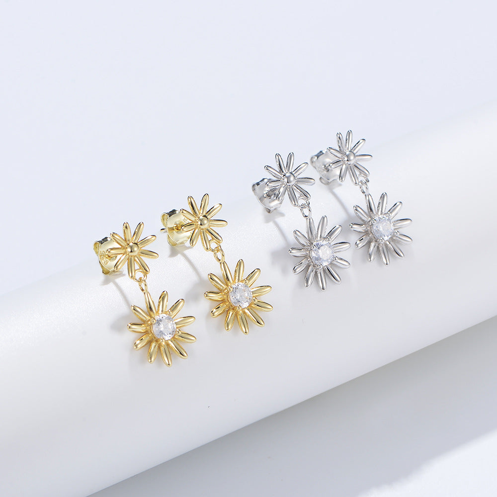 Daisy Flower with Zircon Silver Drop Earrings for Women