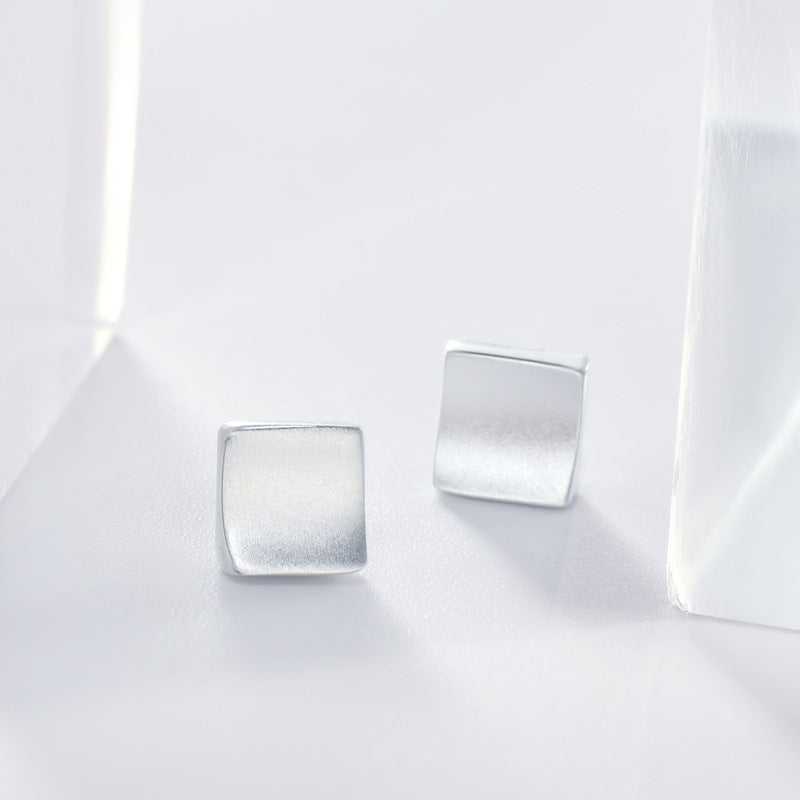 Frosted Curved Surface Square Silver Stud Earrings for Women