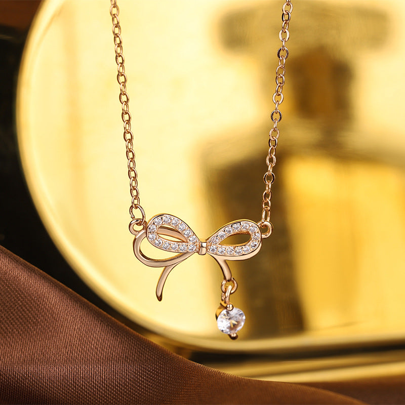 Double Layer Bow with Zircon Pendant Silver Necklace for Women